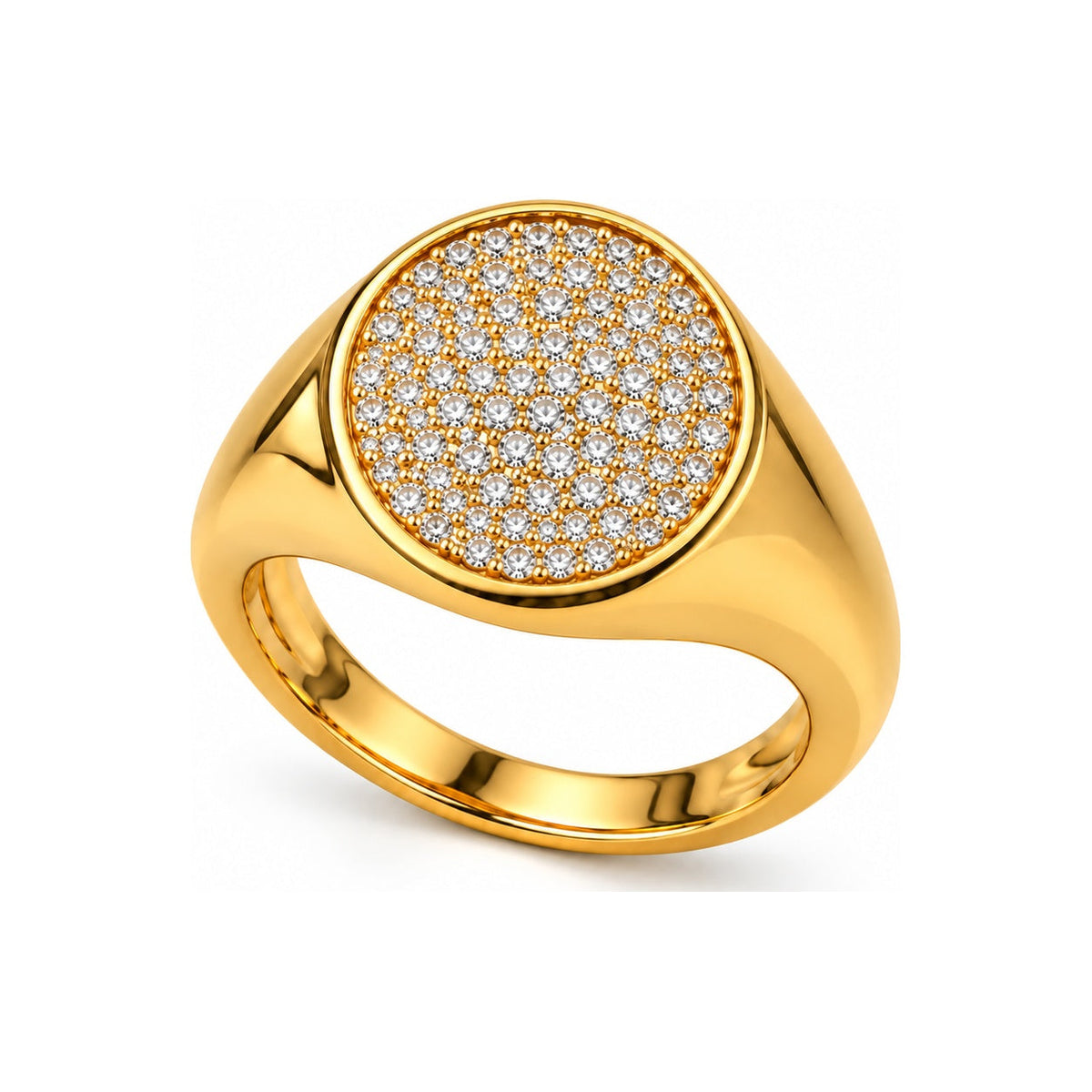 Anello scudo tondo luce dorato vista laterale su sfondo bianco